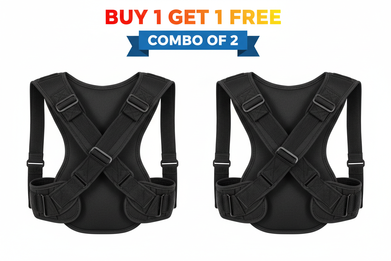A clean professional product image of two black posture corrector belts placed side by side on a white background.
The belts look premium, matte black, well-stitched and adjustable.
Bold promotional text on top in red and yellow gradient says:
“BUY 1 GET 1 FREE”
Below it in blue ribbon style text: “COMBO OF 2”
Lighting is bright and even, product looks sharp and high quality.
No people, only product focus.
E-commerce style, Amazon-like clarity, studio lighting.