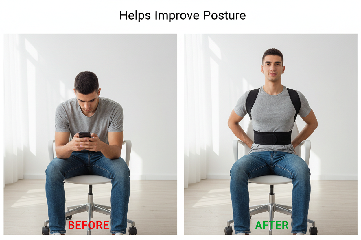 Split image showing before and after posture comparison of the same person.
Left side: a young man sitting on a chair, slouching forward, shoulders bent, looking at his phone, text below says “BEFORE” in red.
Right side: same man wearing a black posture corrector belt, sitting straight with shoulders aligned, confident posture, text below says “AFTER” in green.
On top center text: “Helps Improve Posture”
Background is minimal, indoor home/office setting, realistic lighting.